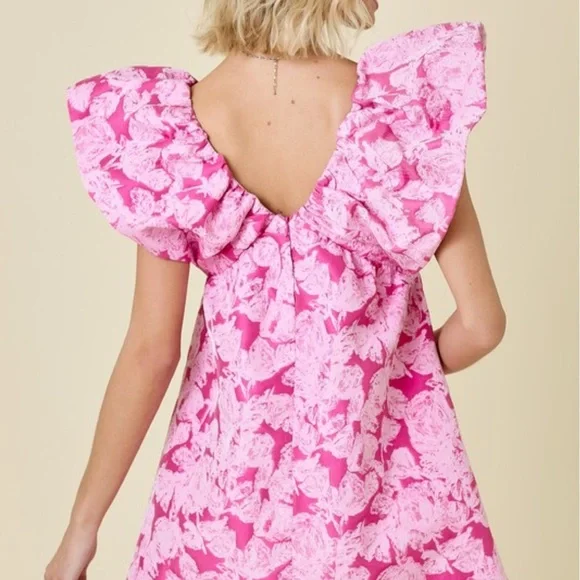 Pink Floral Ruffle V-Neck Mini Dress - Picture 6 of 7